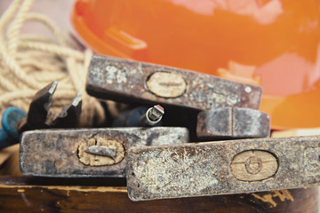 Construction Tools with Helmet and Hammers