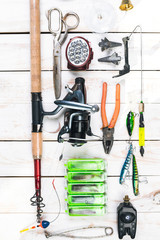 Various fisherman's equipment on wooden background © fotofabrika