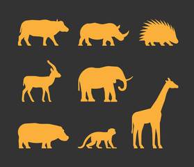Vector gold set of silhouettes african animals. Icon buffalo, rhino, gazelle and porcupine. Silhouette elephant, hippopotamus, monkey and giraffe. Silhouette african animals isolated.