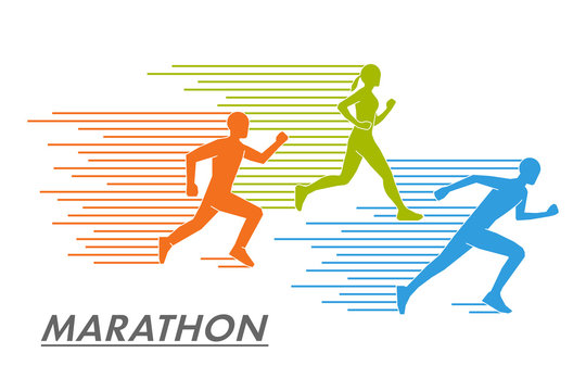 Modern vector symbol for the marathon. Multicolored set of silhouettes of runners. Vector figure runners. Stylish logo for run on white background.
