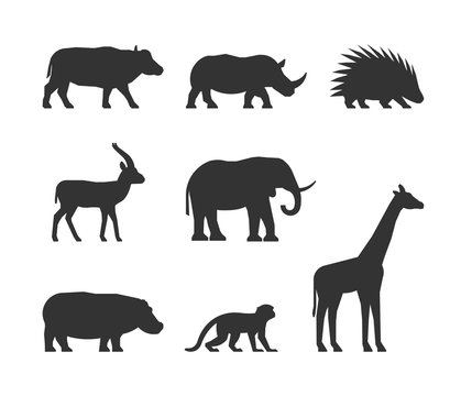 Vector black set of silhouettes african animals. Figure buffalo, rhino, gazelle and porcupine. Silhouette elephant, hippopotamus, monkey and giraffe. Figure african animals isolated.