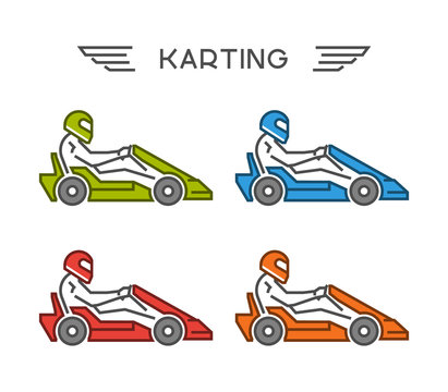 Modern outline go kart symbol. Vector figures art racer. Multicolored linear karting logo. Vector line kart. Vector karting icons.