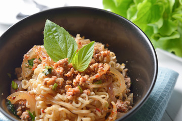 Instant noodle with spicy minced pork salad, minced pork mash wi