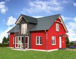 Fototapeta na wymiar Ein rot-schwarzes Einfamilienhaus in blühender Natur.