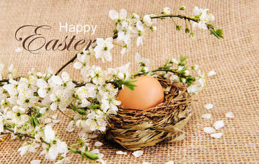 Easter eggs with flowers on burlap 