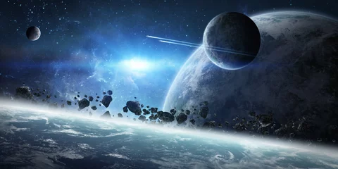 Fotobehang Zonsopgang boven een groep planeten in de ruimte © sdecoret