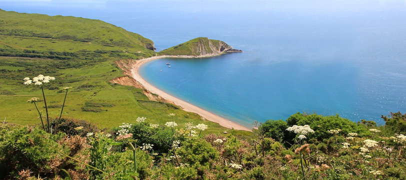 panoramic view to worbarrow bay and country hills