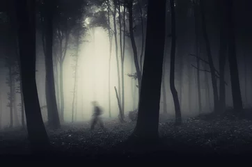 Deurstickers ghostly figure in dark spooky forest halloween scene © andreiuc88