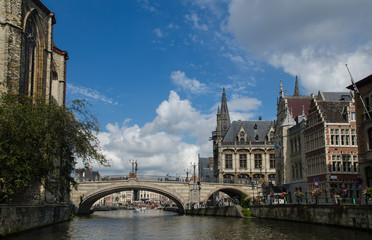 View on St Michael's brige from water. Gent, Belgium