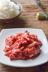 Stir fried pork with Pickled bean curd sauce and onion asian tha