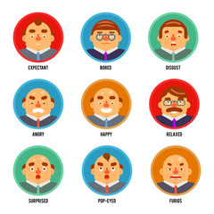 Adult Avatar Emotions Happy Surprised Mustache Angry Set Boss Character Symbol Business Icon Isolated White Background Concept Flat Design Template Vector Illustration