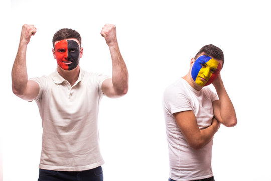 Albania vs Romania on white background. Football fans of national teams demonstrate emotions: Albania – win, Romania – lose. European 2016 football fans concept.