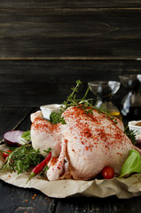 raw chicken with herbs spices ingredients, selective focus