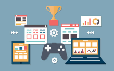 Vector flat illustration of gamification in business. Management and analytics
