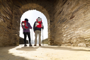 pilgrims in Portomarin village , Way of St James,  Camino de Santiago, Compostela, Galicia, Spain