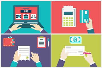 Vector flat concept of process order and delivery. Infographic of internet marketing and e-commerce