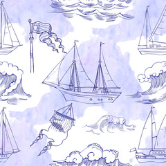 Seamless pattern with waves and ships