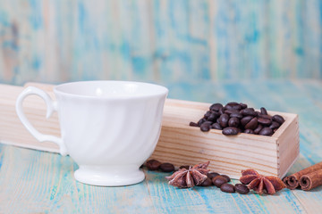 coffee beans in wood box