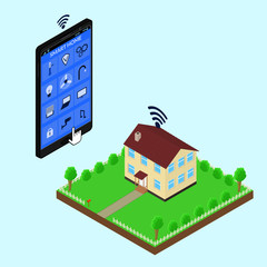illustration. Poster smart home - mobile phone,  icons, house. Isometric