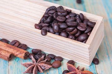 coffee beans in wood box