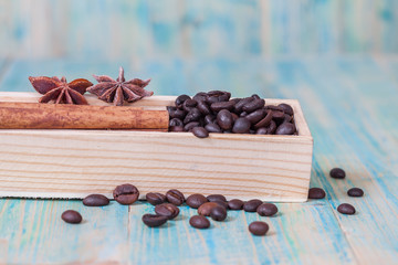 coffee beans in wood box