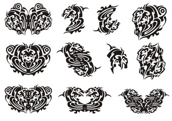 Dragon heart, dragon butterflies and other symbols. Tribal unusual dragon head twirled in a spiral form and the butterflies formed from her
