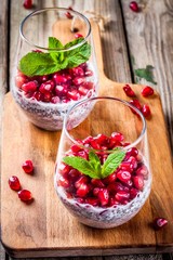 chia pudding with pomegranate seeds and mint