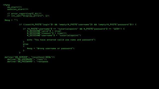 Animation of php code programation running on computer screen with black background