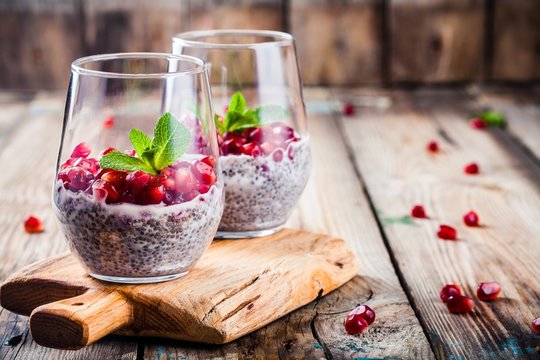 chia pudding with pomegranate seeds and mint