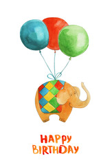 Elephant on balloons. Happy birthday. Watercolor illustration - 105687259