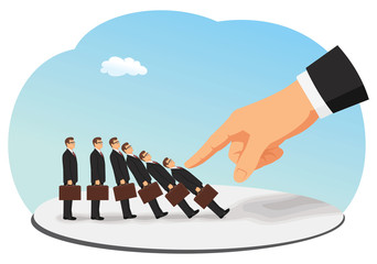 Corporate domino effect concept. A big hand is pushing down a businessman group.