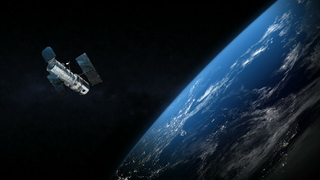 Satellite and earth planet in the outer space