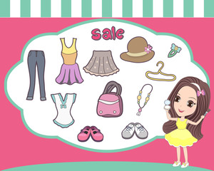 a girl with clothes and accessories ,cute hand drawn doodle set