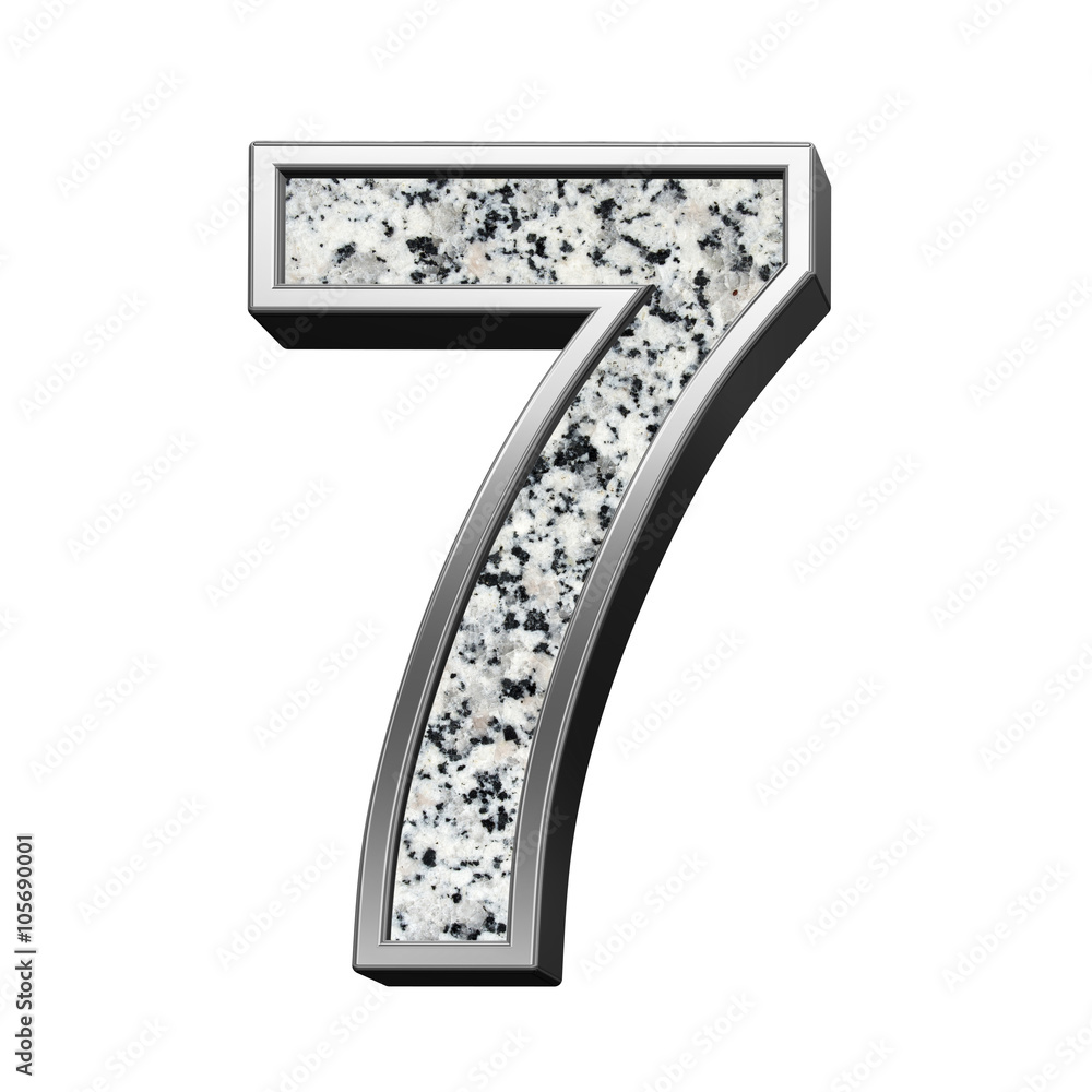 Fototapete Number from granite with silver frame alphabet set isolated over white. Computer generated 3D photo rendering.