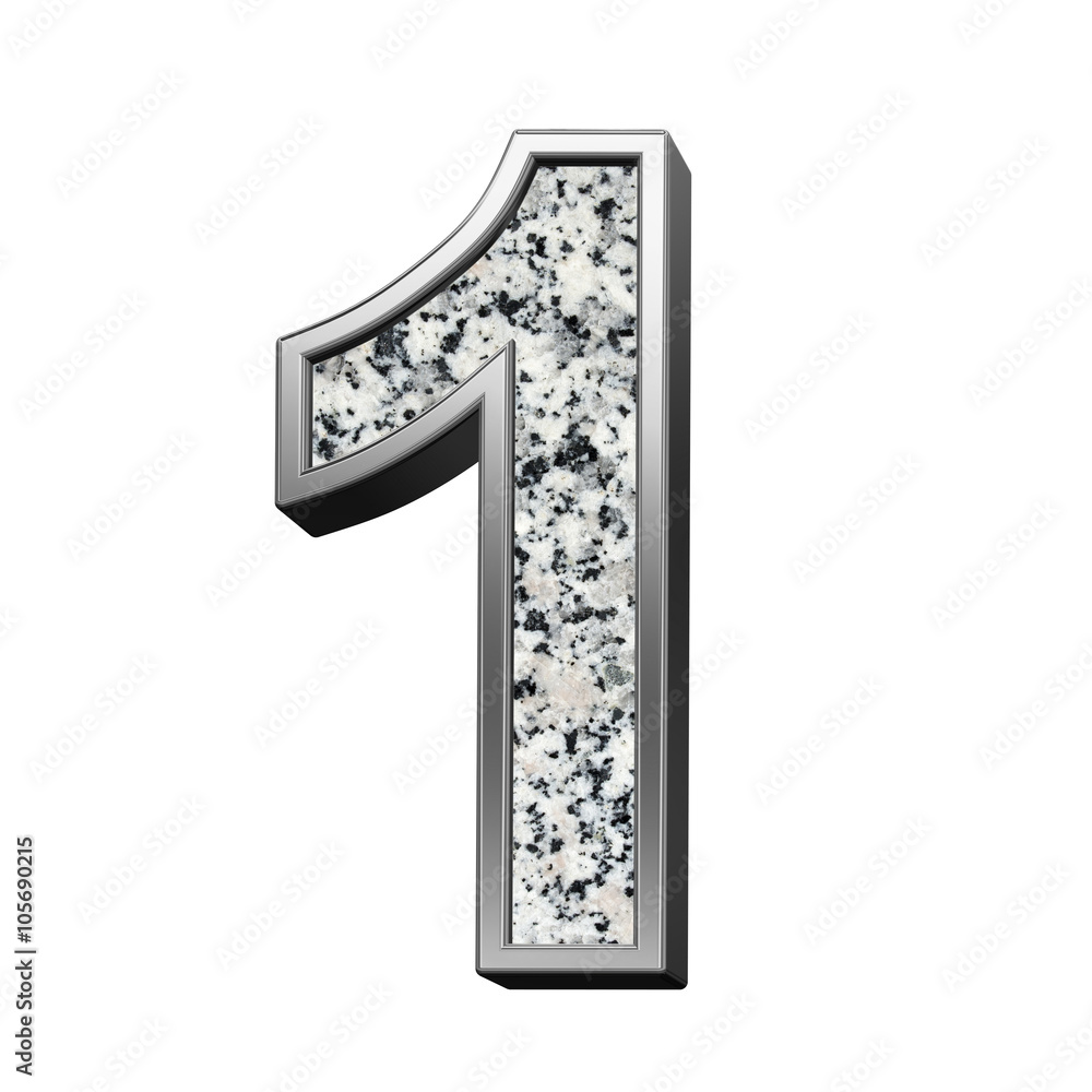 Fototapete Number from granite with silver frame alphabet set isolated over white. Computer generated 3D photo rendering.