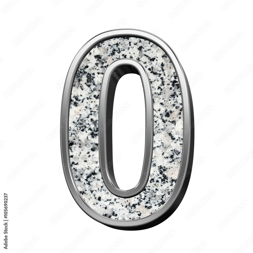 Fototapete Number from granite with silver frame alphabet set isolated over white. Computer generated 3D photo rendering.