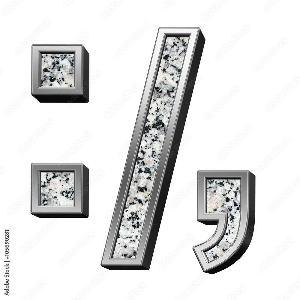 Fototapete colon, semicolon, period, comma from granite with silver frame alphabet set isolated over white. com
