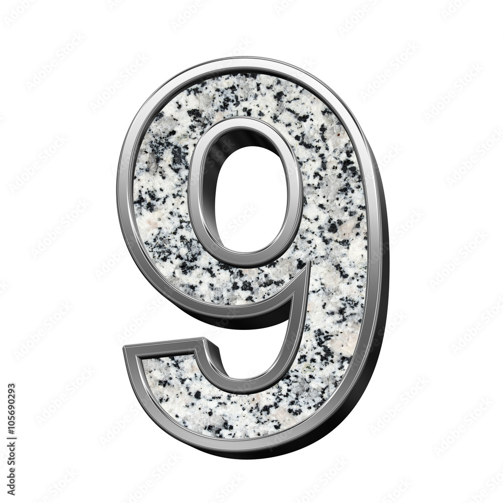 Fototapete number from granite with silver frame alphabet set isolated over white. computer generated 3d photo 