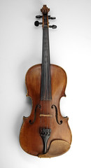 Fototapeta na wymiar Violin (fiddle) front view isolated on white background with clipping path. String instrument of the violin family.
