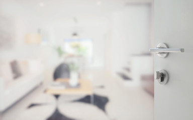 opened white door to modern living room interior