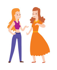 Fototapeta na wymiar Two girlfriends cartoon trendy gossiping illustration. 