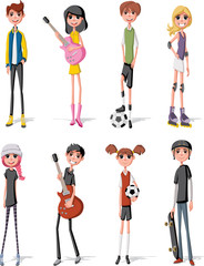 Group of cartoon young people. Teenagers.
