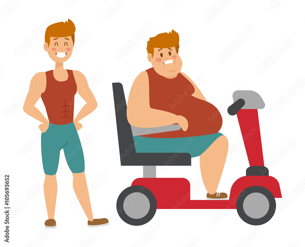 Wall mural concept fitness weight loss fat man and thin sports guy, fatman on a diet with transportation truck.