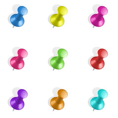 Set of push pins in different colors. Thumbtacks.  Vector illustration. Isolated on white background. Set icon. Pin set. Thumbtack vector set. Driving design. Isolated image.