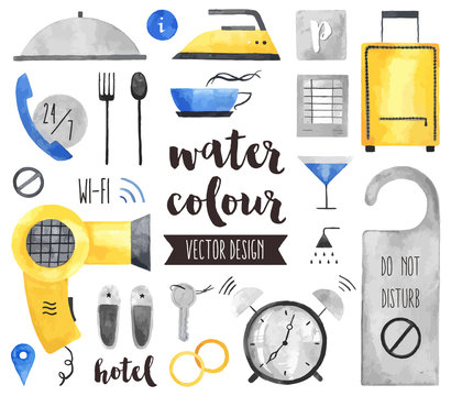 Hotel Services Watercolor Vector Objects