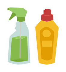 Two plastic spray cleanser bottle with cleaning liquid flat vector illustration. 