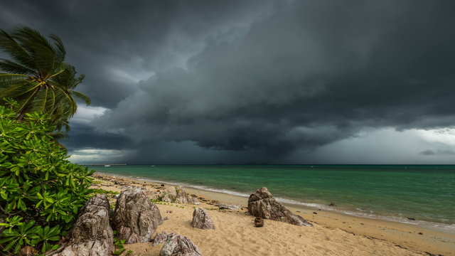 4K TimeLapse. Rapidly looming thunderstorm storm on the beach, Koh Samui, Thailand
