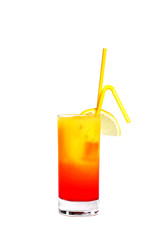 A cocktail with ice in a glass on a white background
