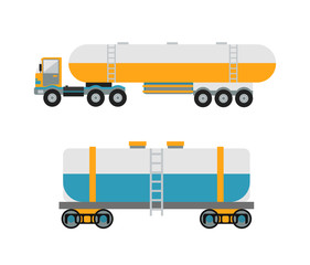 Oil logistic petroleum transportation, tank car, tanker metal barrel flat vector illustration. 