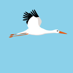 flying stork on a blue background